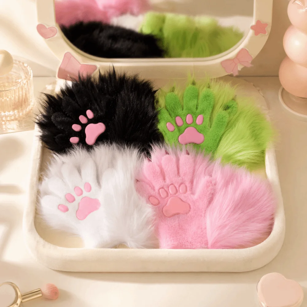 Silicone Soft Pad Long Hair Paw Gloves Plush Cartoon Cat Dog Wolf Animal Paw Gloves Kawaii Thicken Furry Fursuit Kigurumi Gloves
