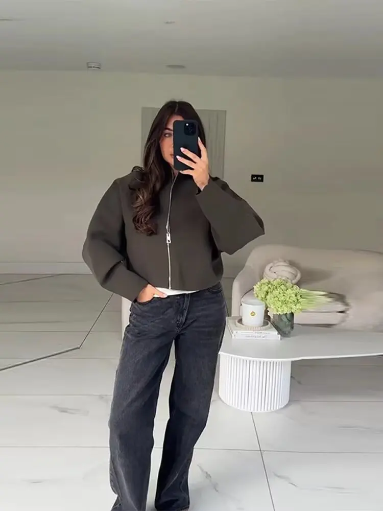 

Новая осенняя мода, однотонная повседневная куртка с воротником-стойкой на молнии, свободная шерстяная куртка с летучей мышью, верхняя одежда, женское пальто Ele ort