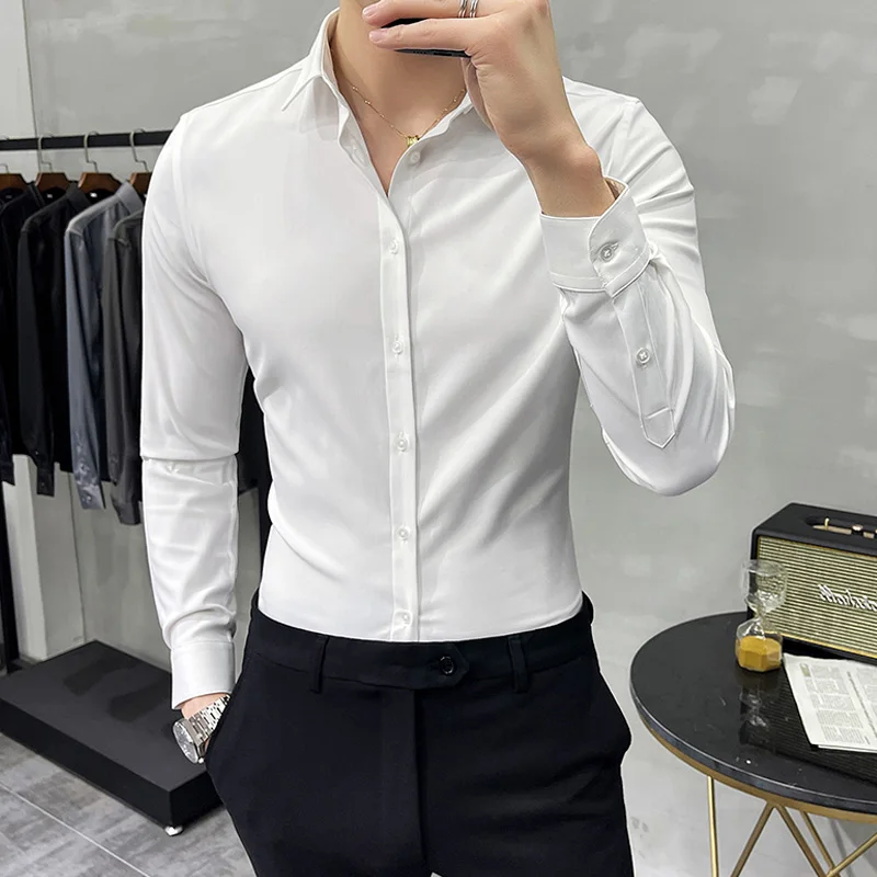 Men Turn-Down Collar Tuxedo Shirt Long Sleeve Regular Fit Button Down Wedding Dress Shirts Black White Gray 5XL 6XL 7XL