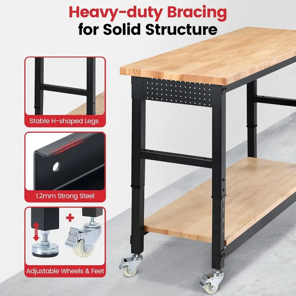 Work Bench or Garage Adjustable Workbenches with Storage 60 Inch Garage Workbench with Under Table Shel, Pegboard, Power Outlets