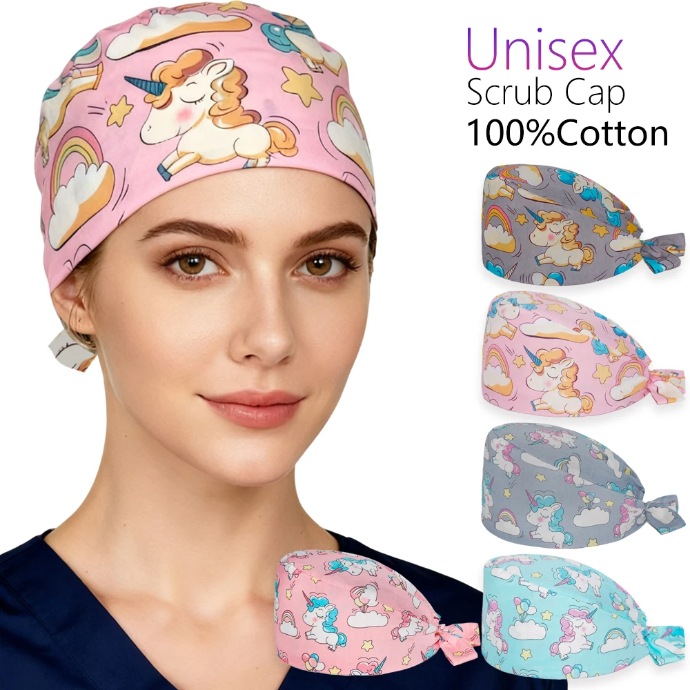 女性男性手術用キャップユニコーンプリントナーススパ美容師シェフ作業用クリーンハット医療病院手術室スクラブキャップ