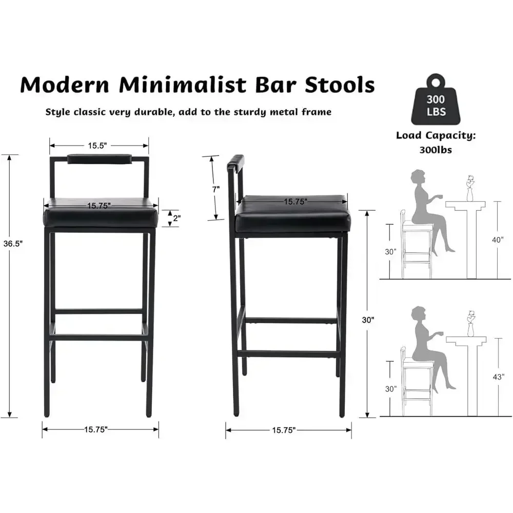 Set of 4 Leather Upholstered Counter Height Stools with Low Back, Suitable for Kitchen Island or Pub, 30 Inch