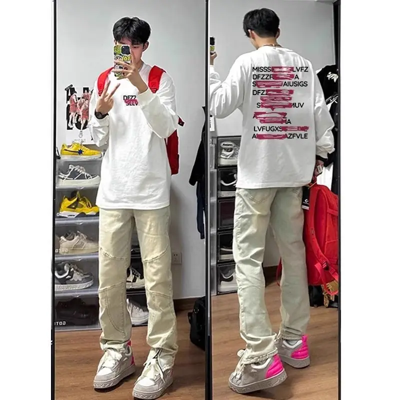 

American Sle Long Sve Printed T-irt Men's Base Layer Top Heavyweight White Autumn High Street Casual Faion Polyester