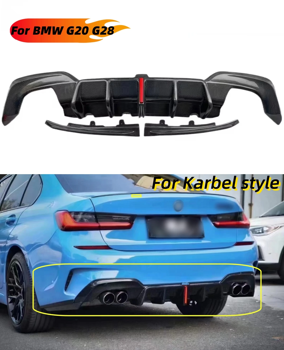 

MRD Rear Diffuser Carbon Fiber for BMW G20 G28 KARBEL Style 3 Series 2019+ Rear Diffuser Rear Lip