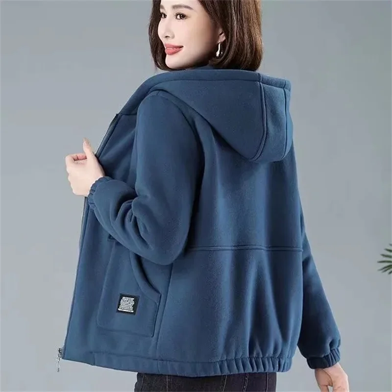 

Hooded Cardigan Female Coat Autumn Winter 2025 New Thick Jacket Middle-Aged Elderly Mother Outerwear Women's Sportshirt Overcoat