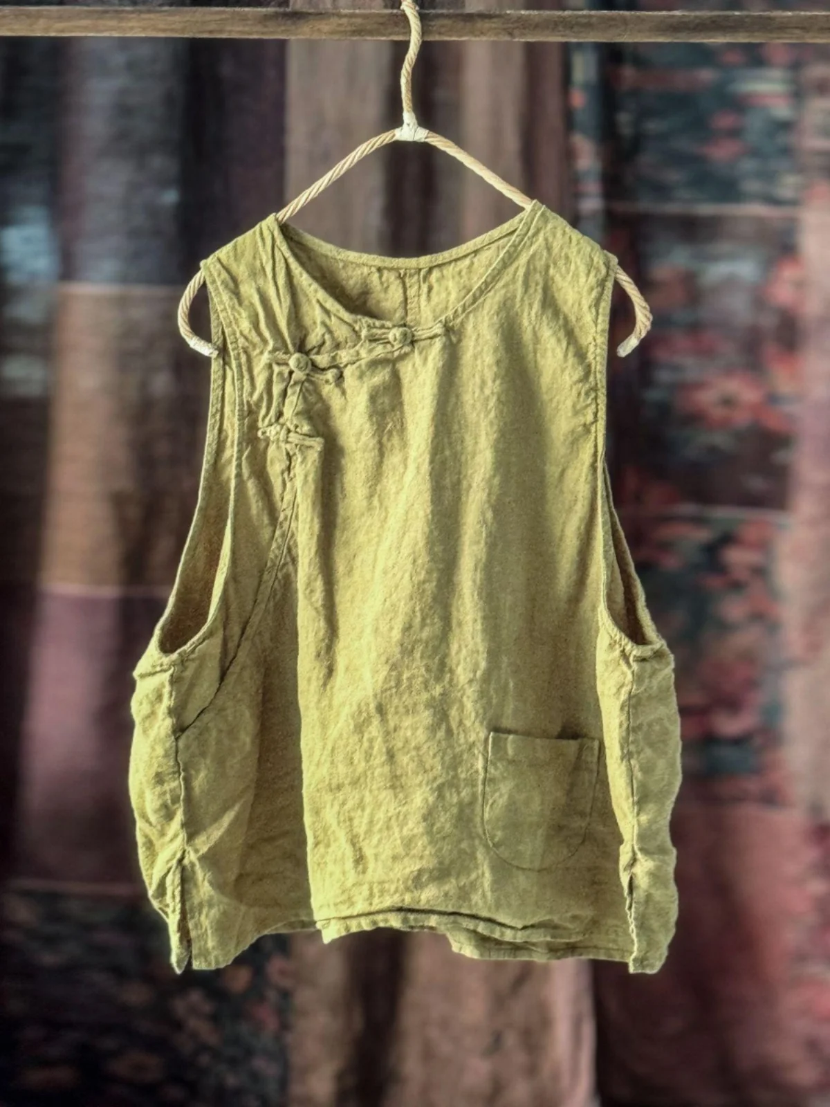 

Hand-Sewn Button-Up Loose Color Vest High Quali Waed Linen Artistic Retro Women's oulder Pad Top Women