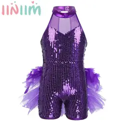 Kids Girls Ballet Dance Leotard Tutu Jazz Latin Skating Gymnastics Stage Performance Dancewear Sleeveless Shiny Sequin Jumpsuit