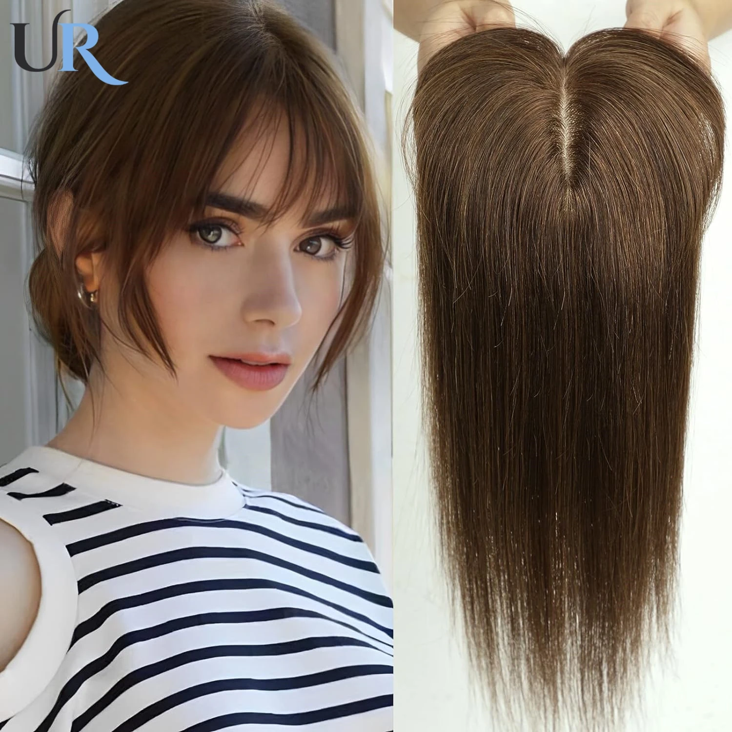 

Human Hair Topper Natural Women Toppers With Bangs 100% Human Hair Wigs Straight Hair Blonde Silk Base Clips In Hairpieces
