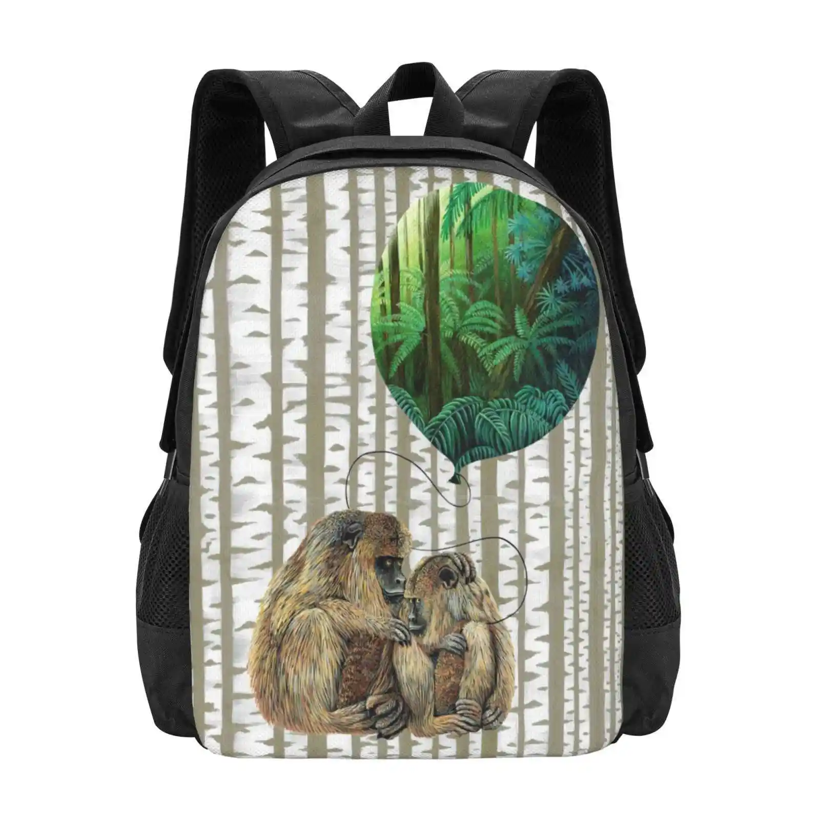 Balloon Monkey Dream Large Capacity School Backpack Laptop Bags Balloon Monkey Family Green Jungle Rain Forest Birch Tree Woods