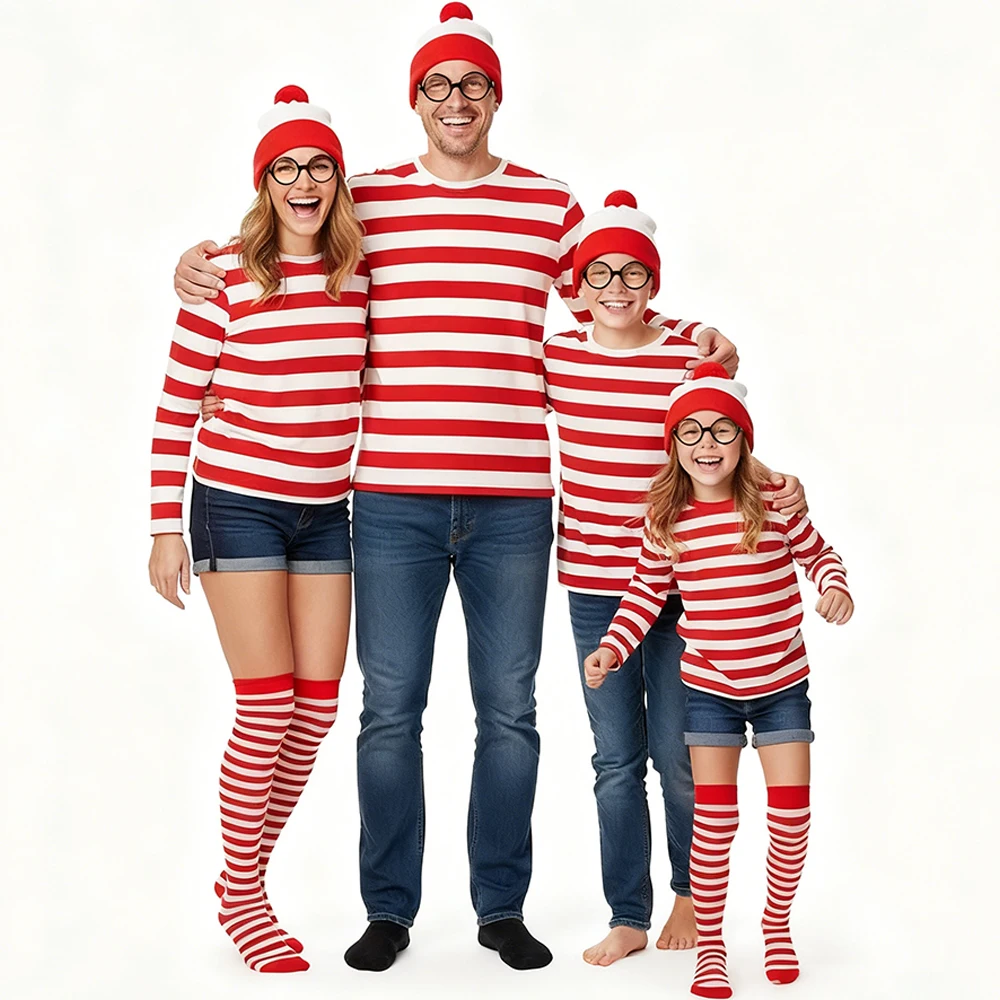 

Wheres Waldo Cosplay Costume Red Striped Shirt Role Play Clothes Hat Glasses Socks Halloween Christmas Family Dress Up Outfits
