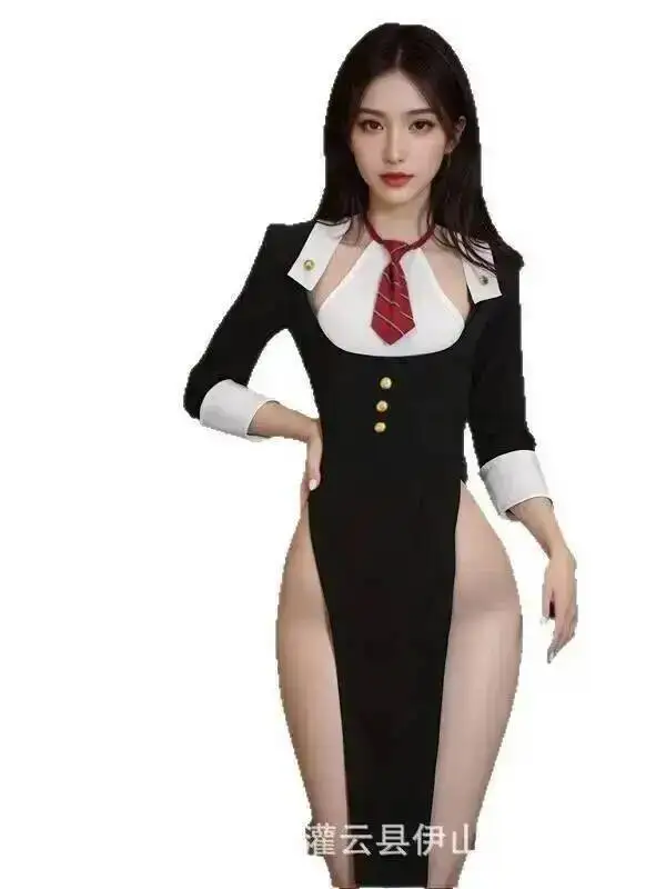 Sexy Pure Desire Secretary Private Tutor Female Flirting Dress Open Crotch Exposed Buttocks Half Sleeved Hanging Neck Tie NQSB