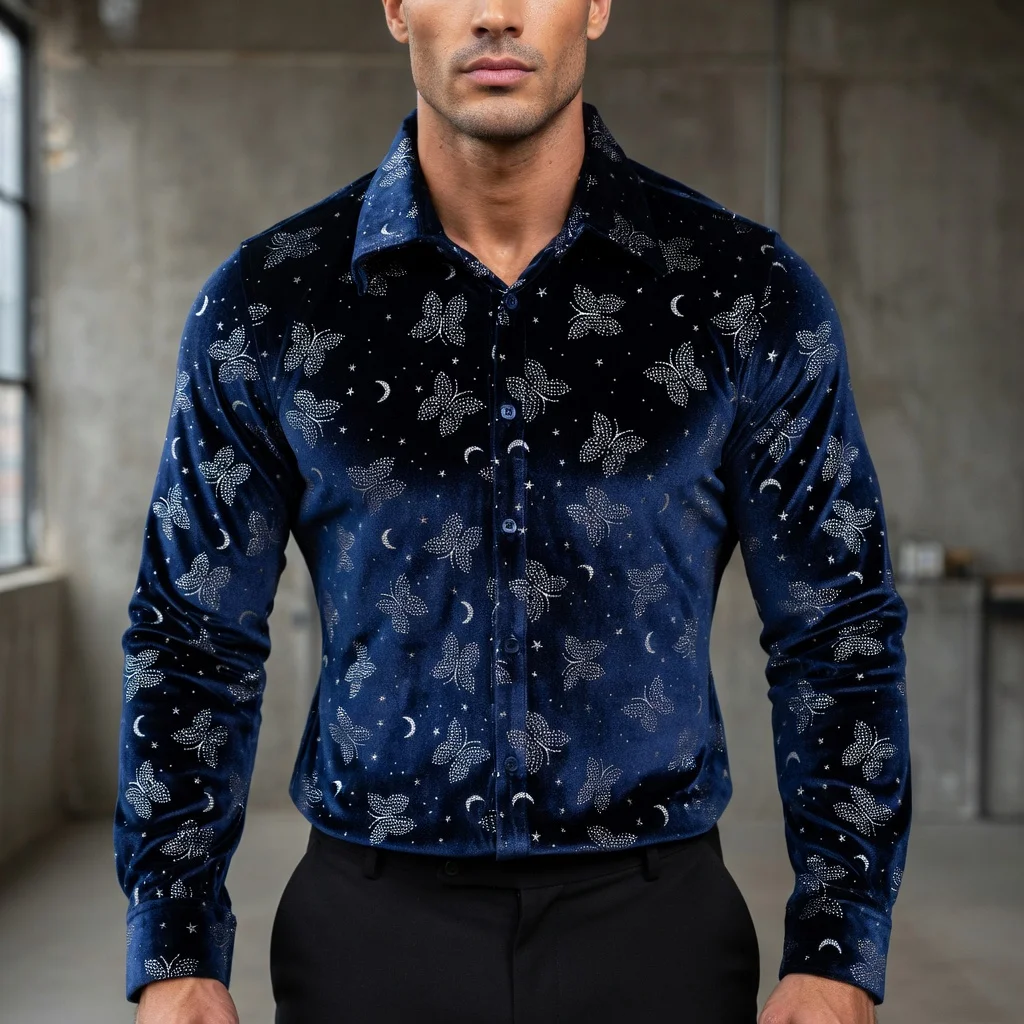 

Luxury Fake Diamond Butterfly Velvet Shirts for Man Spring Autumn Long Sleeve Slim Fit Men's Shirt Elegant Prom Party Blouse Men