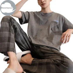 Summer Knitted 5XL Cool Mens Pyjamas Pajamas Casual Pjs Lounge Sets Masculine Plaid Sleepwear Nightwear Pijamas Homewear Fashion
