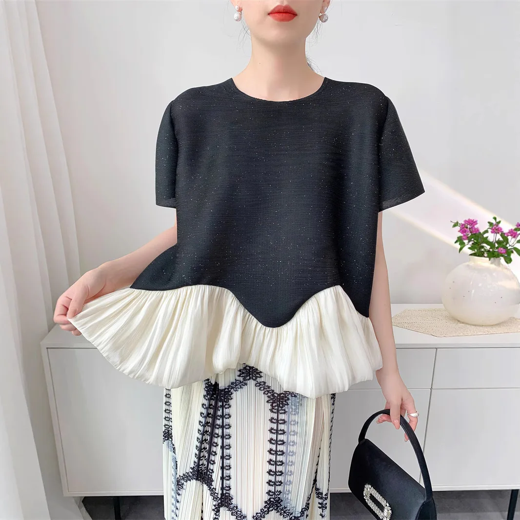 

Miyake Style Gold-spread Powder Satin Shake Shirt Pleated Top for Women 2025 Summer Comfortable Casual Loose T-shirt for Women