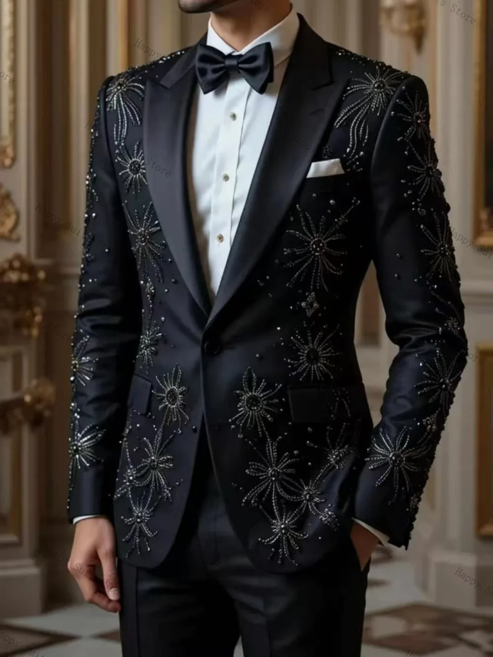 

Black Groom Men Suit Set 2 Pieces Blazer+Pants Trousers Luxury Stone Formal Office Cotton Coat Wedding Tuxedos Customized Jacket