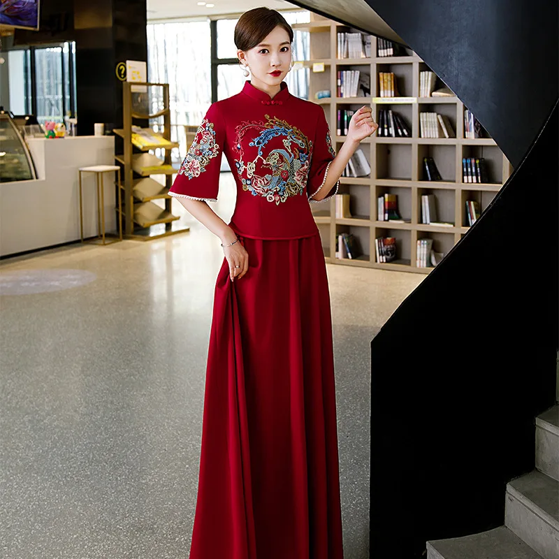 Traditional Chinese Clothing Xiuhe Cheongsams Wine Red Top Set Tang Suit Formal Evening Gown Engagement Wedding Dress For Women