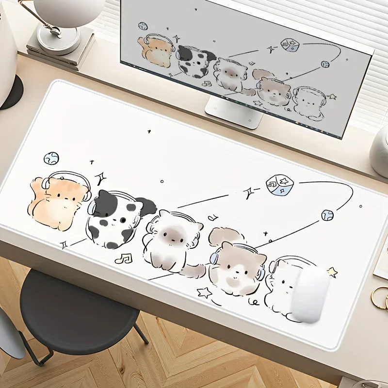 لوحة ماوس مطاطية كبيرة لطيفة على شكل قطة وموسيقى - حصيرة مكتب مريحة غير قابلة للانزلاق مع سماعات رأس وتصميم نجمة، بوليستر متين