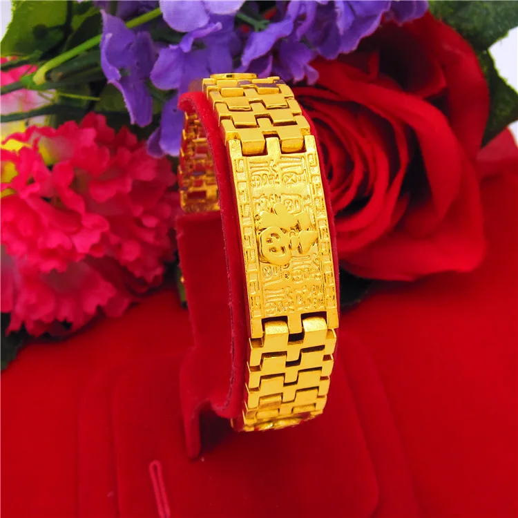 

14K Yellow Gold Color Chain Bracelet for Men Father Fu Character Watch Chain Bracelet Bangle Wedding Engagement Jewelry Gifts