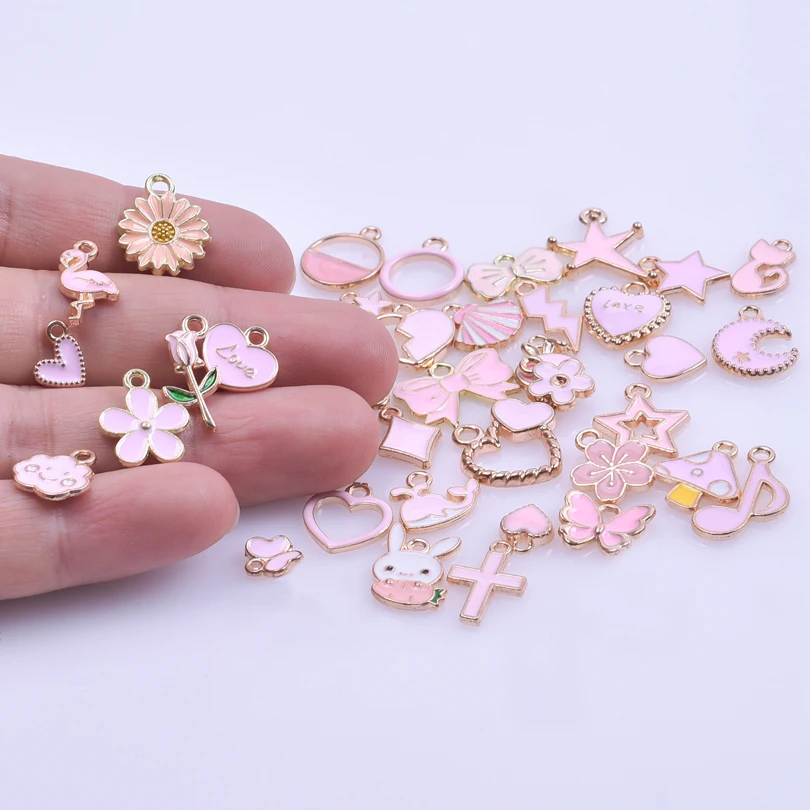 30/40/50pcs/Lot Mix Cute Pink Enamel Charm Heart Daisy Flower Animal Charms Pendant For Jewelry Making Supplies Bulk Accessories