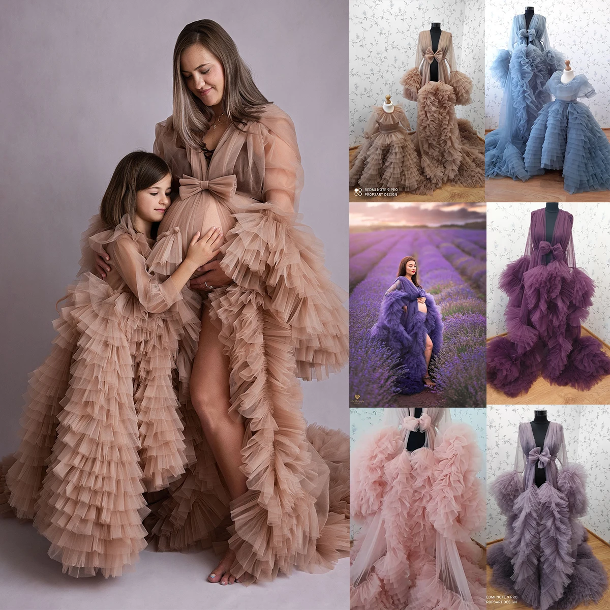 

Ruffle Evening Dresses Women's V-Neck Long Sleeves Custom Made Pregnancy Bathgown Maternity Tulle Robe for Photo Shoot