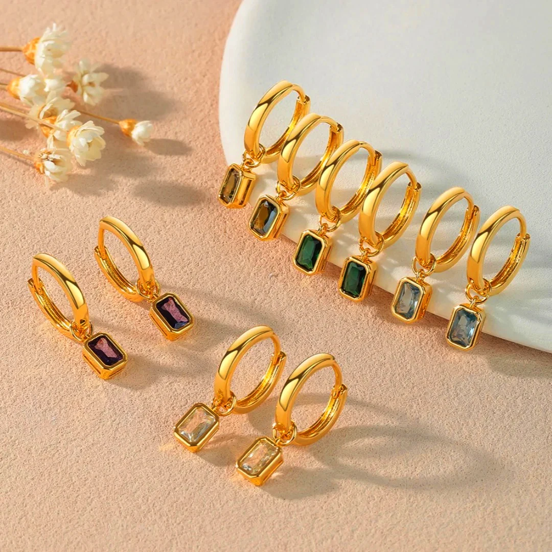 Vintage Tassels Multicolor Rectangle Emerald Zircon Gold Color Round Open Hoop Earrings for Women Girls Fashion Jewelry Gifts