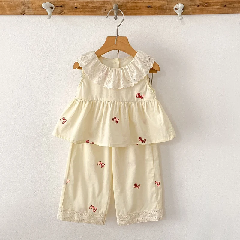 2026 New Summer 2-6Yrs Children Clothes Suit Sleeveless Cotton Embroidered Vest+Pants Baby Girls Clothing Set