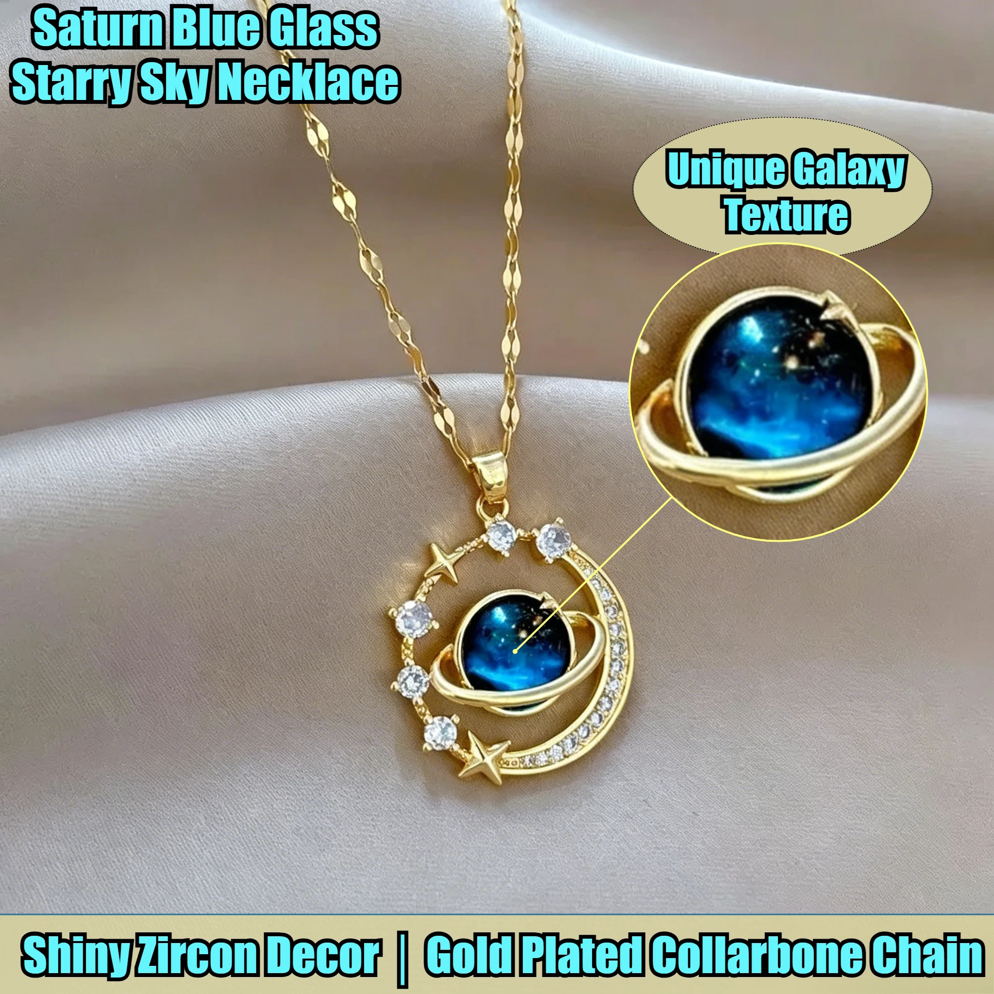 18K Gold Dreamy Galaxy Saturn Necklace Gradient Blue Glass Moon Star Zircon Collarbone Chain Aesthetic Jewelry Gift for Teen Girls