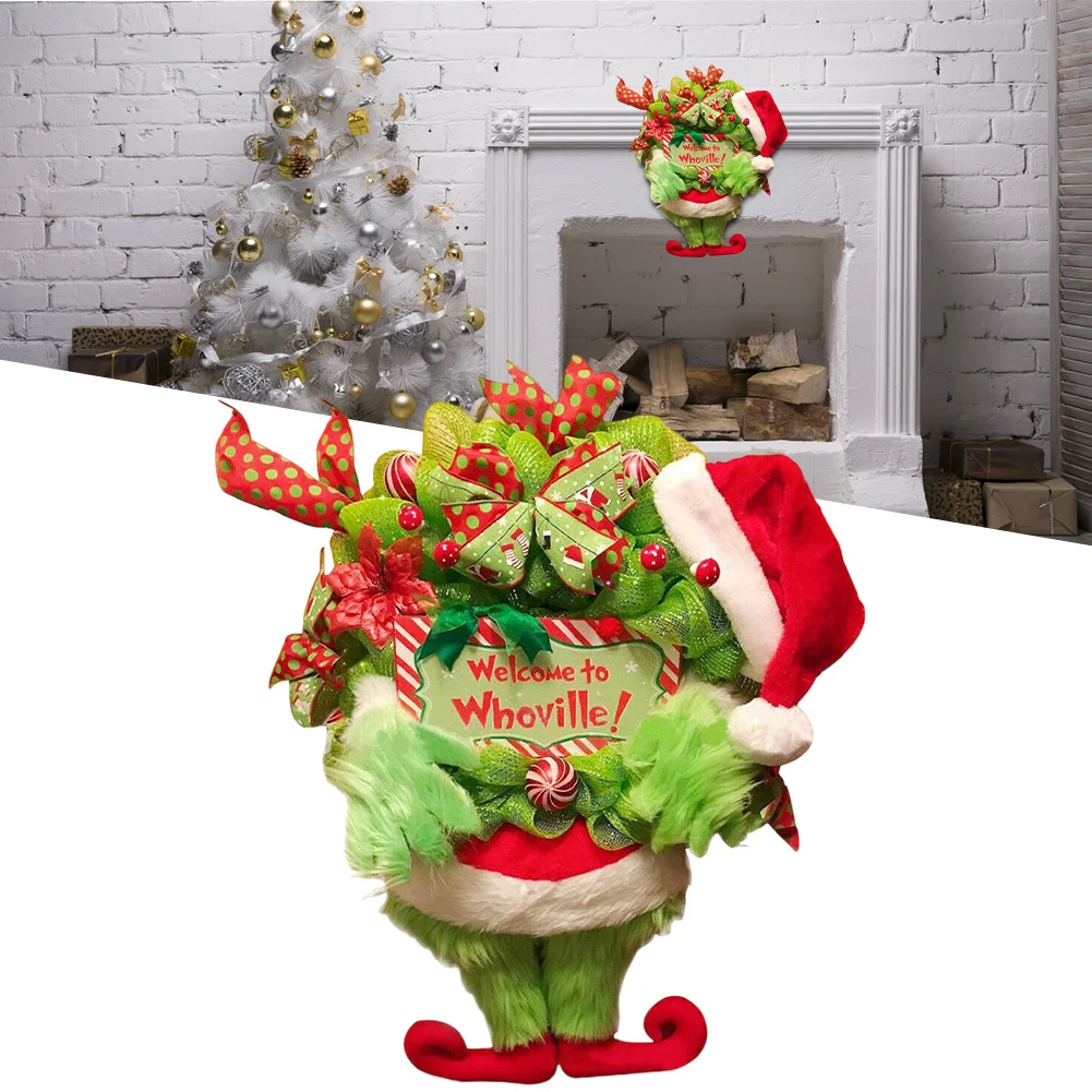 Grinch Christmas Wreath Plush Green Hairy Monster Hanging Ornament Grinch Leg Wreath Door Hanging New Year Decoration