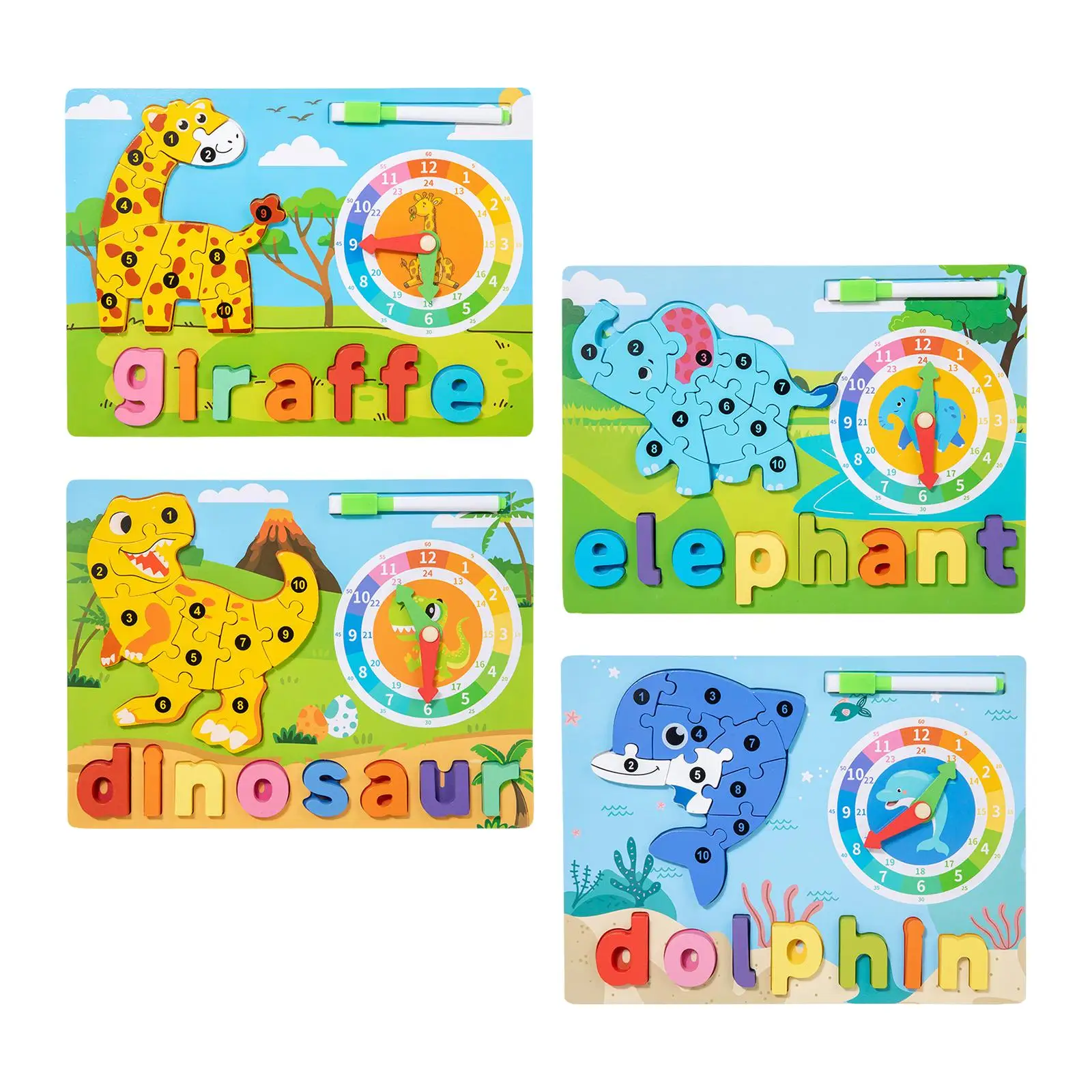 Puzzle animal en bois Montessori avec horloge pour enfants, jouet alphabet, garçons, filles, enfants