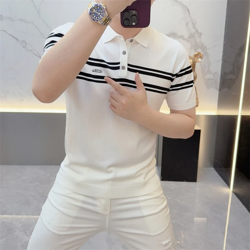 

Brand Striped Knitted Polo Shirt for Men Versatile Short Sleeved Ice Silk Breathable Casual T-shirt Business Social T-shirts