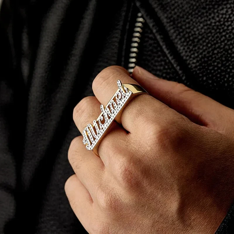 

Custom Two Finger Name Ring Personalized Double Band Stainless Steel Jewelry for Men Adjustable Men's Gift with Name for Women