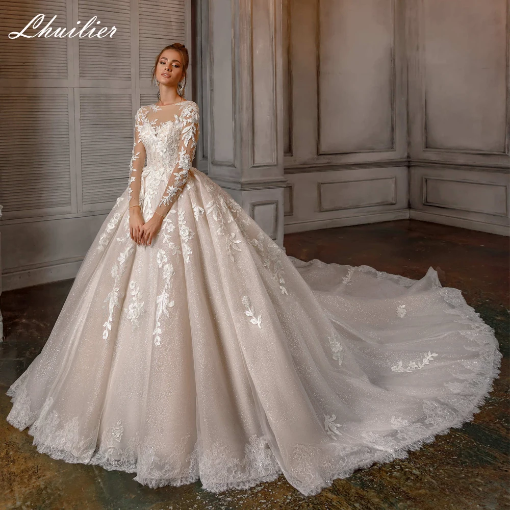 Lhuillier Scoop Neck Ball Gown Shiny Lace Champagne Wedding Dresses Floor Length Beaded Bridal Dress with Cathedral Train