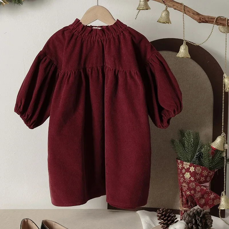 Vintage Burgundy Corduroy Princess Dress For Girls Baby 100% Cotton Fall New Children's Crew Collar Court Style Party Dresses