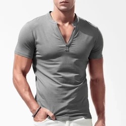 New Fashion Men's V Neck T Shirt Summer Classic Solid Short Sleeve Casual Top Tees