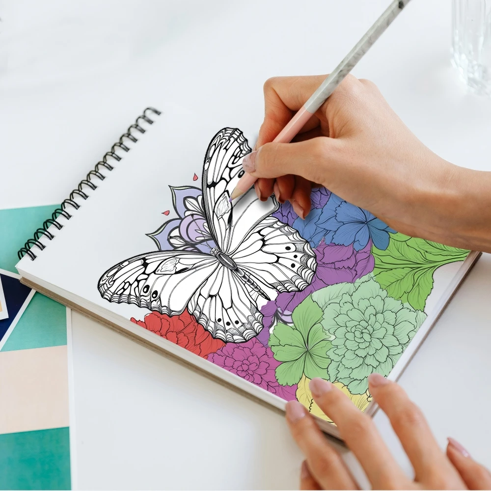 كتاب تلوين فراشات خيالية للكبار، مطبوع على جانب واحد، 24 صفحة، فن يدوي الصنع للكبار لتخفيف القلق والاكتئاب