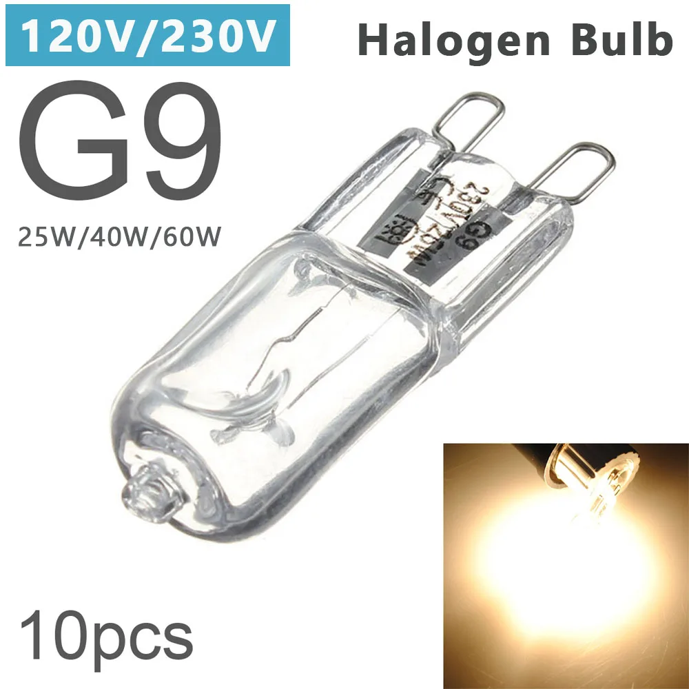 

10pcs/lot G9 120V/230V 25W 40W 60W Portable Warm White Halogen Bulb Light Lamp 3000-3500K Globe 230V Capsule Clear Bulbs