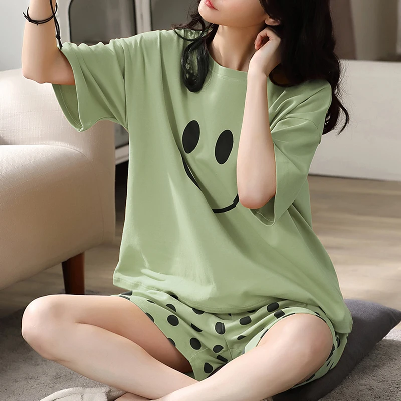 Passtime Summer Cotton 100% Pajamas short sleeved short pants set Cute Women Homewear (built-in pad) SE1421