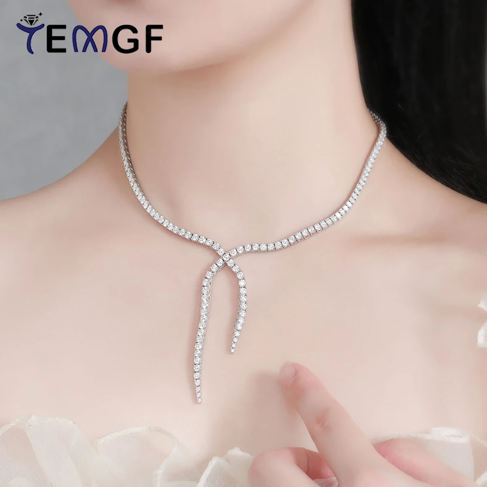 

TEMGF 3mm Moissanite Tassel Necklace for Women 925 Sterling Silver Chokers Tennis Chain Sparkling Fine Jewelry With Certificate