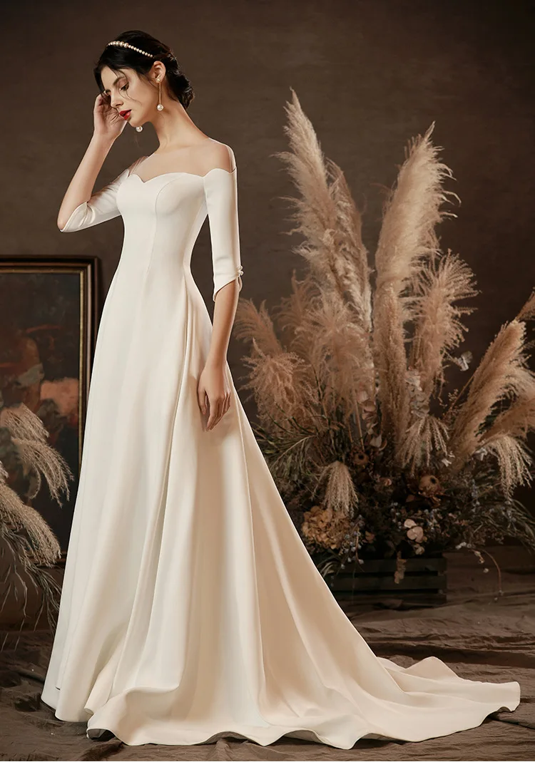 Sweetheart Satin Half sleeves Wedding Dresses Simple A-Line Wedding Gowns Elegant Illusion Backless Party Gowns Formal Dress