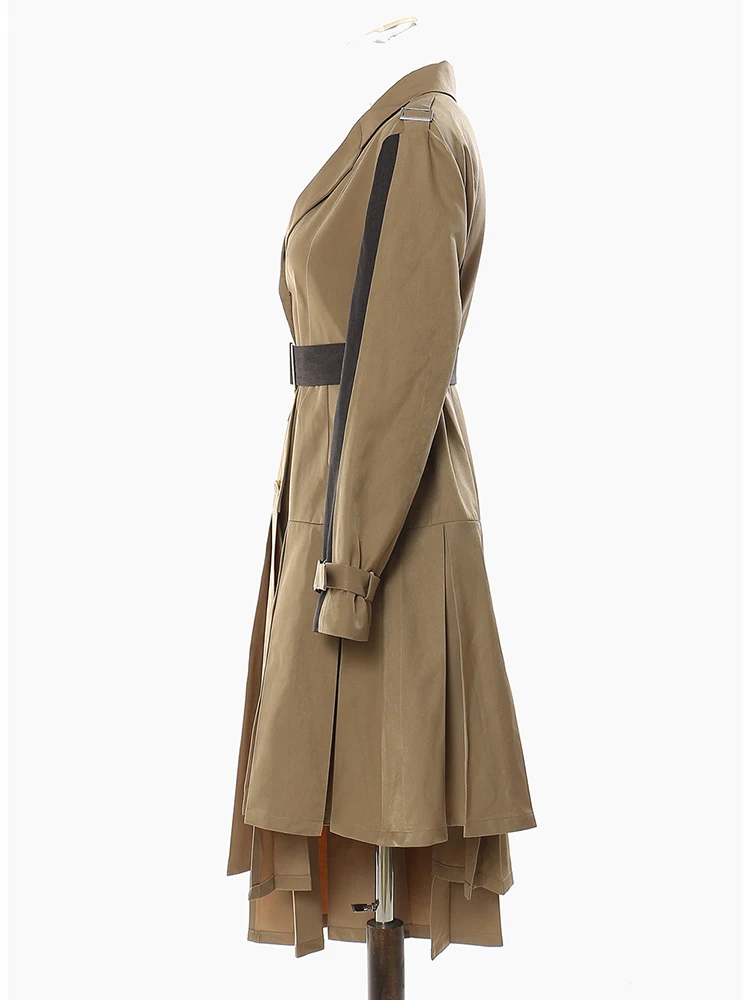 [EAM] Women Khaki Pleated Big Size Long Trench New Lapel Long Sleeve Loose Fit Windbreaker Fashion Spring Autumn 2024 1DF2737