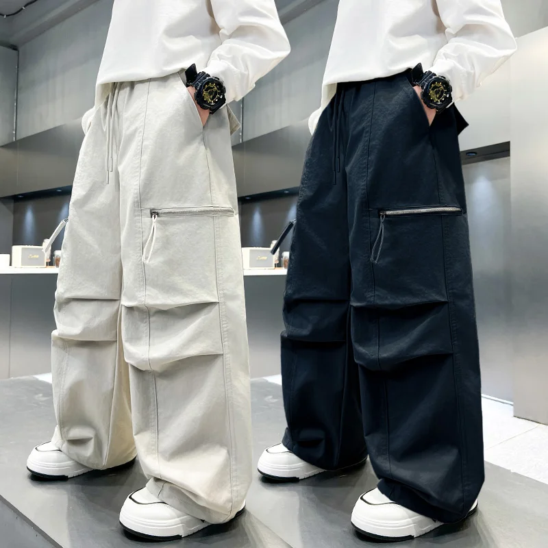 Teenager Boys Wide Leg Pants Breathable Hiking Pants Spring Autumn Zipper Big Pocket Sports Pants Kids Fashion High Street Trend
