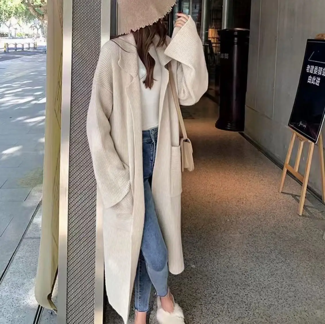 European and American Style Sweater Coat with Suit Collar 2024 Autumn and Winter Long Loose Sweater Knitted Cardigan for Women