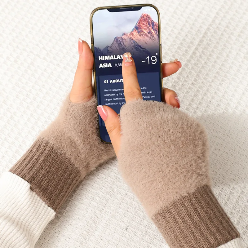 New Winter Warm Thick Faux Mink Fur Gloves Women's Solid Color Office Writing Student Half Finger Gloves Simple Fashionable Gift