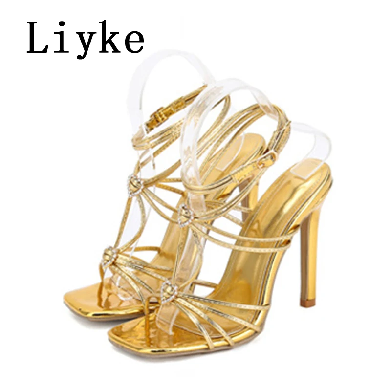 Liyke Summer Blue Denim Sandals Women Elegant Square Toe Party Wedding High Heels Crystal Buckle Narrow Band Female Dress Shoes