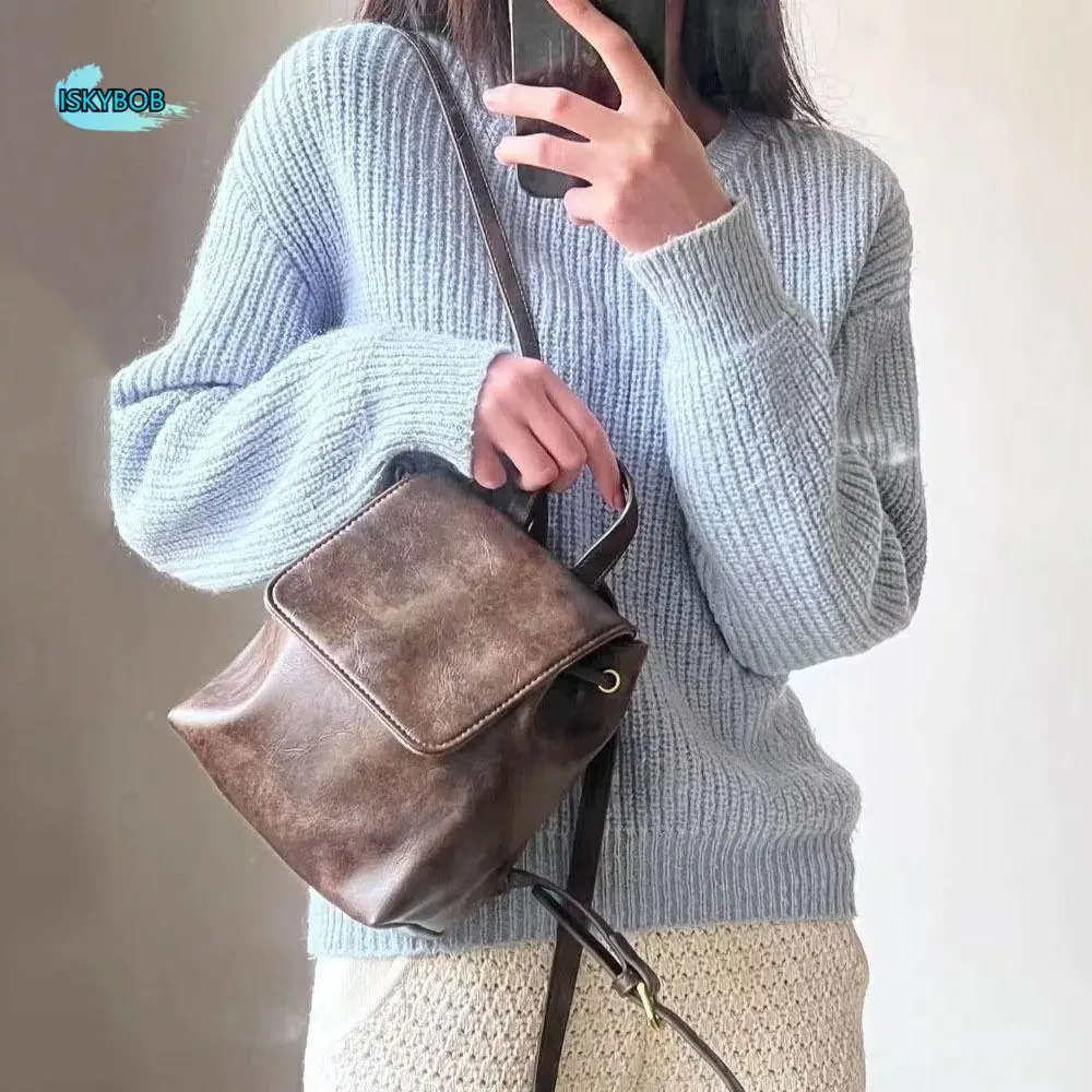 

PU Leather Drawstring Flap Backpack Solid Color Large Capacity School Book Back Korean Style Retro Women Shoulder Bag Travel