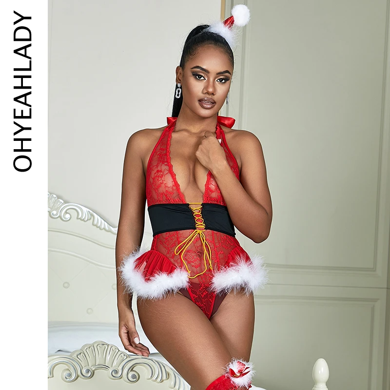 Ohyeahlady Christmas Women's Sexy Bodysuits Lingerie Red Floral Lace Up Transparent Sheer Mesh Fur Teddy Jumpsuit with Santa hat