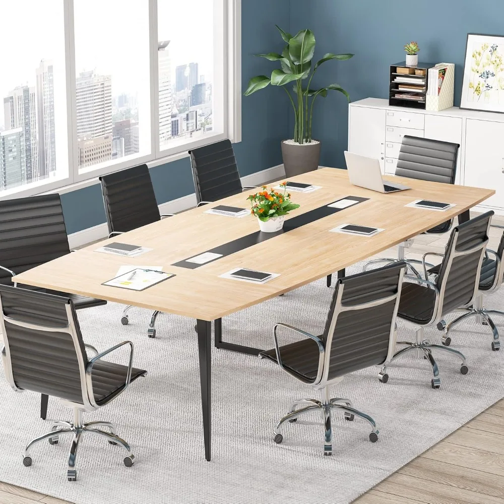 

8FT Conference Table, 94.48L x 47.21W x 29.52H Inches Boat Shaped Meeting Table with Rectangle Grommet, Modern Seminar Boardroo