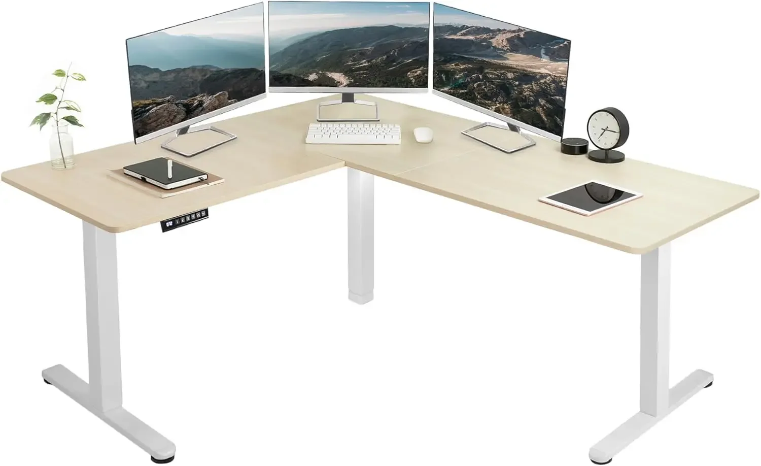 Electric Height Adjustable 63 x 55 inch Corner Stand Up Desk, Light Wood Table Top, White Frame, L-Shaped Standing Workstation