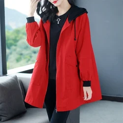 Women 2022  Hooded Jacket Women Fat MM Autumn New Loose Age-reducing Trench Coat Female Medium And Long Red Stitching Jacket