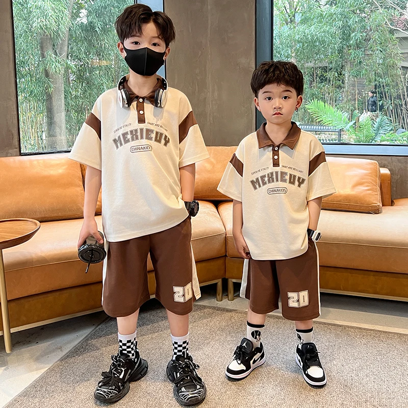 New Fashion Kids Children Short Sleeve Patchwork Polo Shirt and Shorts Suit For Boys Summer Top and Bottom Set 2 Pieces Clothes